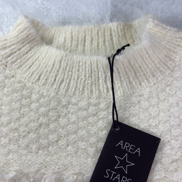 Area Stars Sweater Mock Neck Ivory Textured Faux Fur Fringe Cropped Glam M NEW - Picture 6 of 15